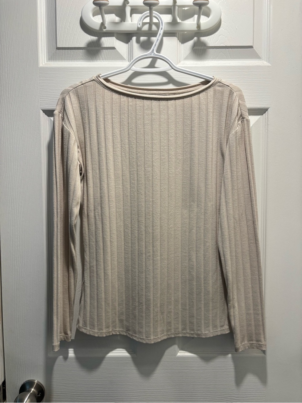 RW&CO. Long-Sleeve Ribbed Boatneck Top in Beige